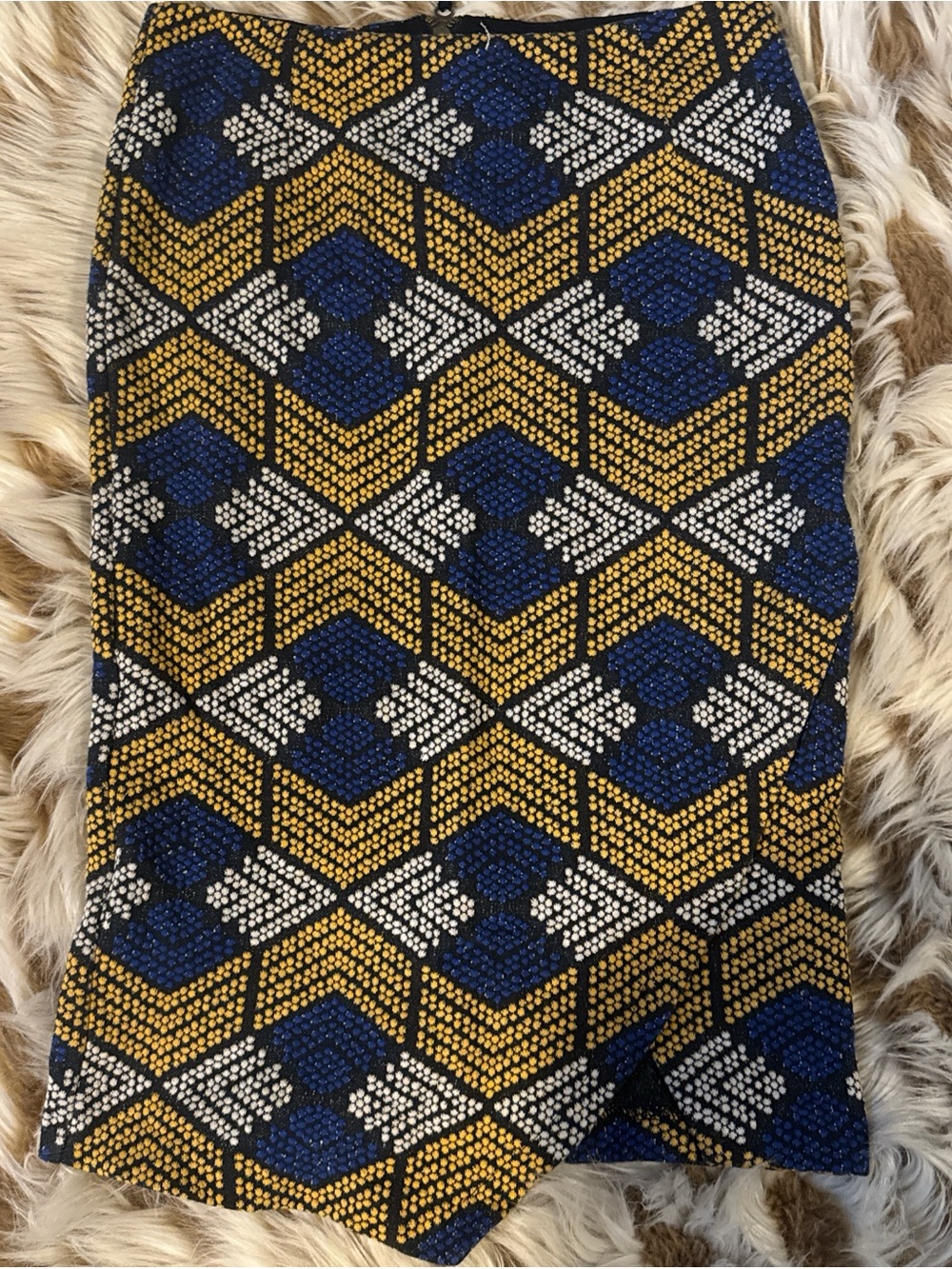 Maeve Geometric Dot-Print Pencil Skirt in Navy, Mustard & White